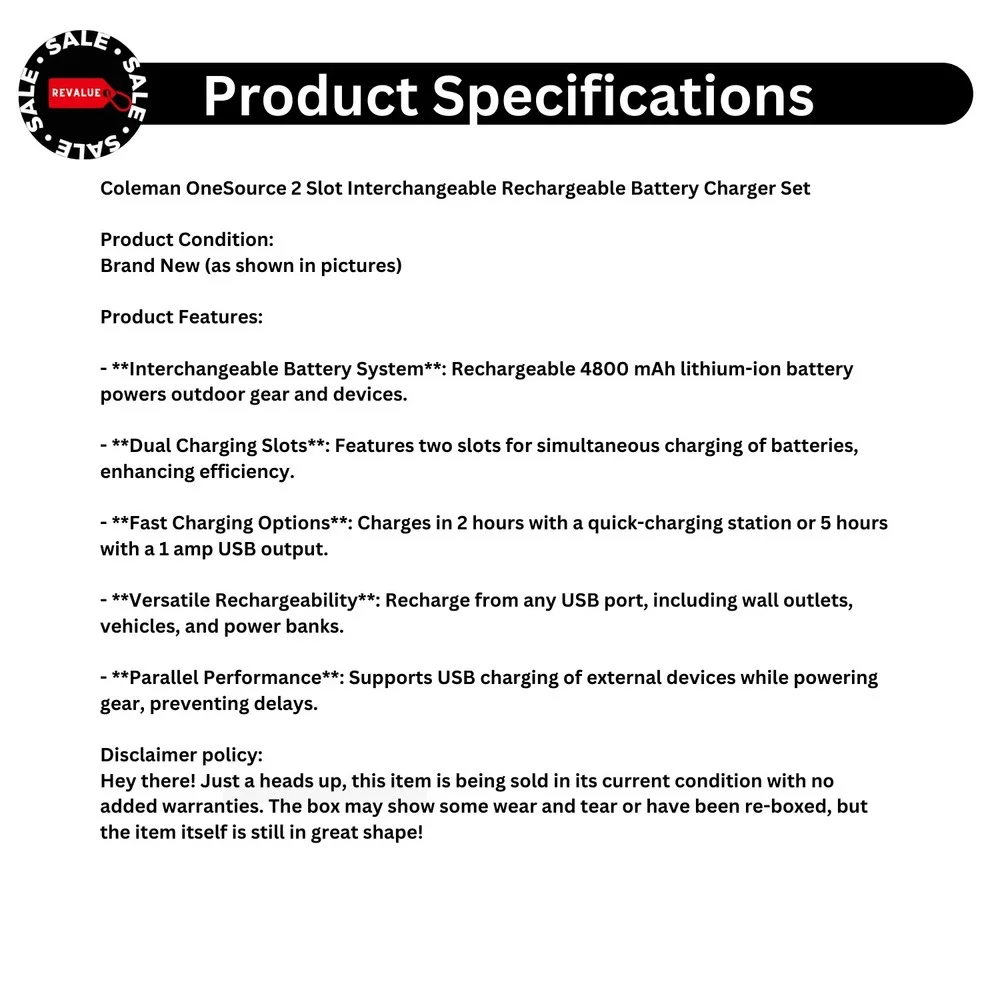 Coleman OneSource Rechargeable 2 Port Battery Quick‎ Charging Station 4800 mAh